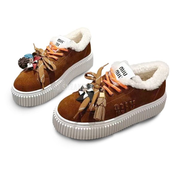 Женские зимние кеды на платформе Miu Miu Winter Sneakers Platform Suede Brown